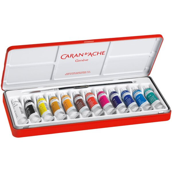 CARAN DACHE Deckfarbe Gouache 2001.312 12 Tuben Metallbox, Pinsel