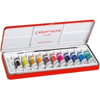 CARAN DACHE Deckfarbe Gouache 2001.312 12 Tuben Metallbox, Pinsel