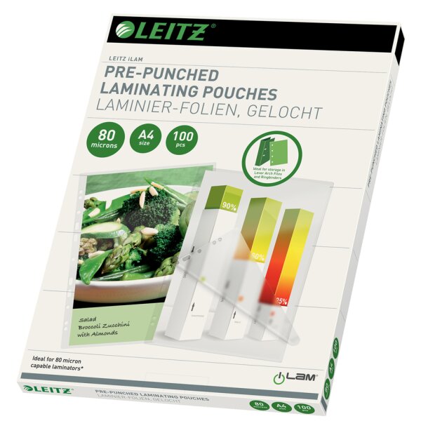 LEITZ Laminierfolientasche, DIN A4, Abheftlochung, 160 mic