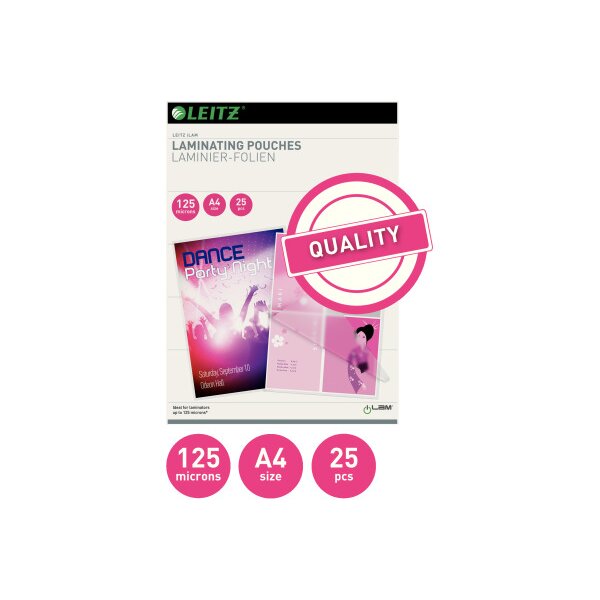 LEITZ Pochettes à plastifier A4 33835 brillant, 125my 25 pièces