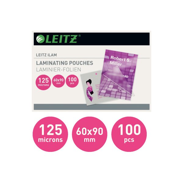 LEITZ Pochettes &agrave; plastif. 60x90mm 73690002 brillant, 125my 100 pi&egrave;ces
