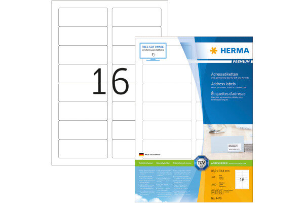 HERMA Etiketten Premium 88,9×33,8mm 4479 weiss 1600 Stück