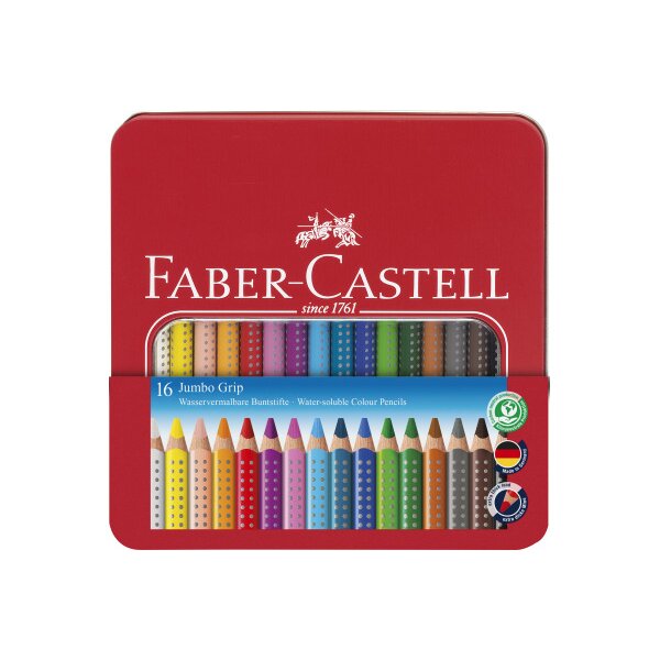 FABER-CASTELL Crayon de couleur Jumbo Grip 110916 16 couleurs &eacute;tui en m&eacute;tal