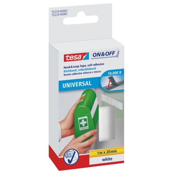 tesa On & Off Klettband, 20 mm x 1,0 m, weiss