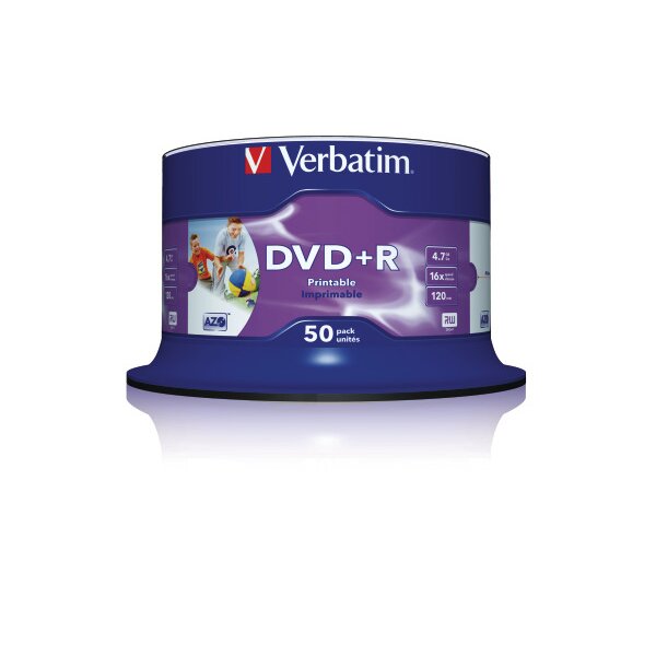 VERBATIM DVD+R Spindle 4.7GB 43512 1-16x print wide 50 Pcs