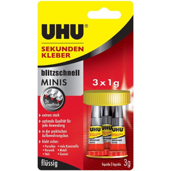 UHU Sekundenkleber BLITZSCHNELL MINIS flüssig, 3 Tuben à 1 g