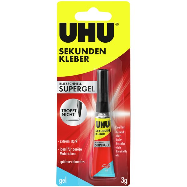 UHU Sekundenkleber SUPERGEL, lösemittelhaltig, 3 g Tube