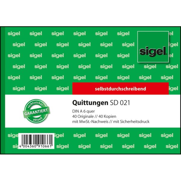 sigel Formularbuch Quittung, mit MwSt.-Nachweis, A6 quer
