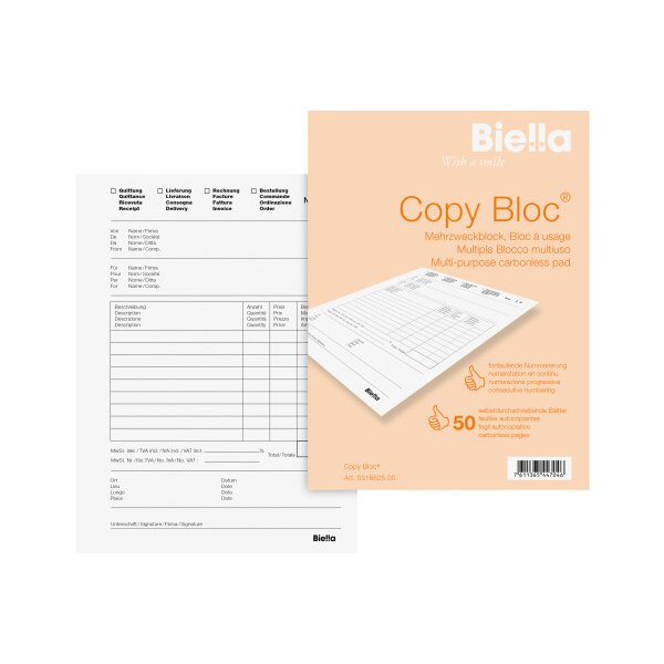 BIELLA Bloc copy A6 51662500U blanc 4 langues, mutiuse
