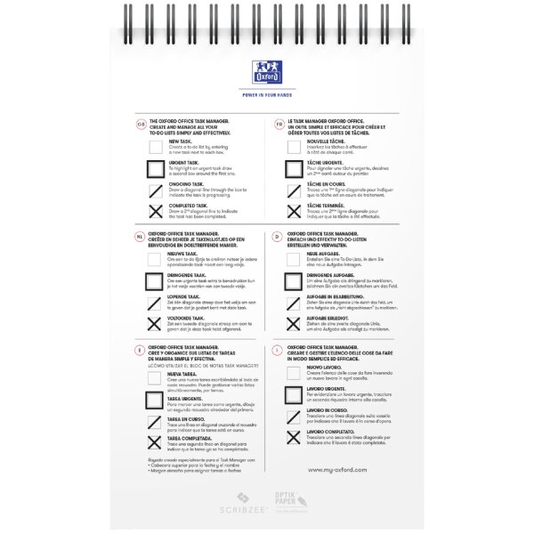 Oxford Bloc-notes à spirale Office Task Manager, 125x200mm