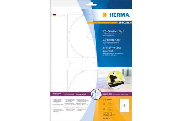 HERMA CD Etiketten weiss, Ø 116mm 8624 20 Stk. 10 Blatt
