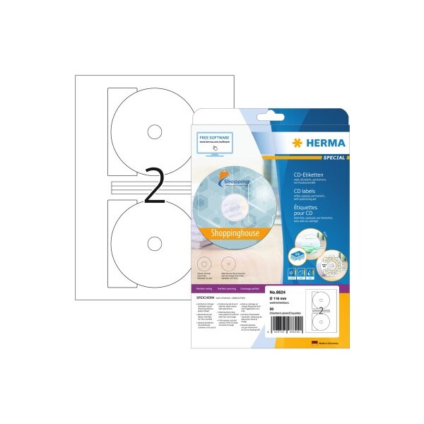 HERMA CD Etiketten weiss, Ø 116mm 8624 20 Stk. / 10 Blatt