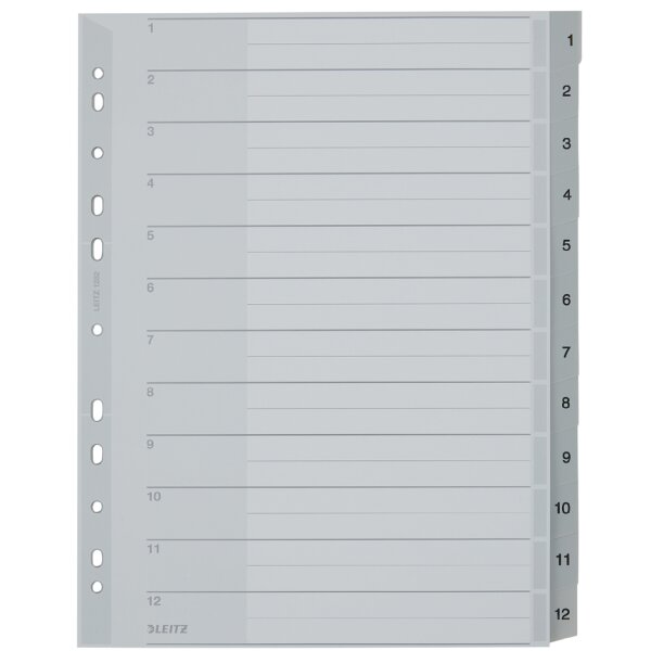 LEITZ Kunststoff-Register, Zahlen, A4 Überbreite, 1-12, grau