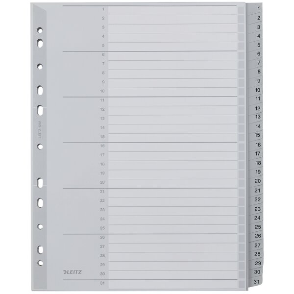 LEITZ Kunststoff-Register, Zahlen, A4 Überbreite, 1-12, grau