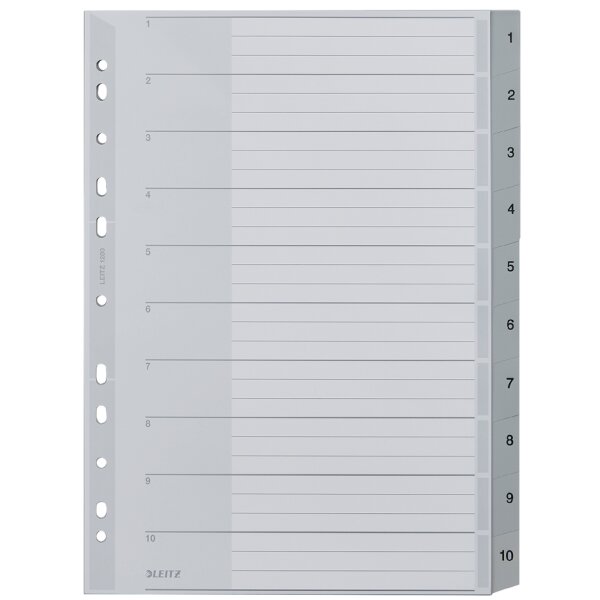LEITZ Kunststoff-Register, Zahlen, A4 Überbreite, 1-12, grau