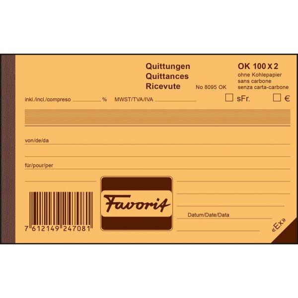 FAVORIT Quittungen A6 8095 OK blau/weiss,D/F/I,durchschr.