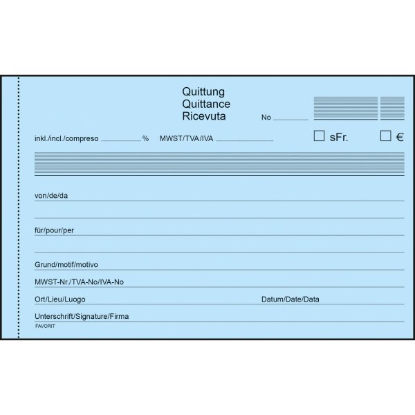 FAVORIT Quittungen A6 8095 OK blau/weiss,D/F/I,durchschr.