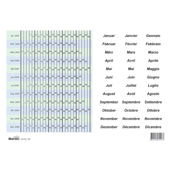 BEREC Date strip set 2026 DS 05/26 autoadh&eacute;sif 5 jours/semaine