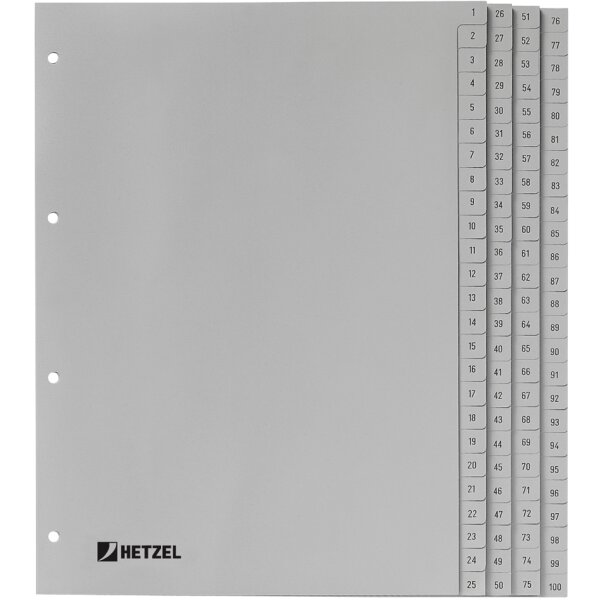 HETZEL Kunststoff-Register, Zahlen, A4, 1-100, PP, grau